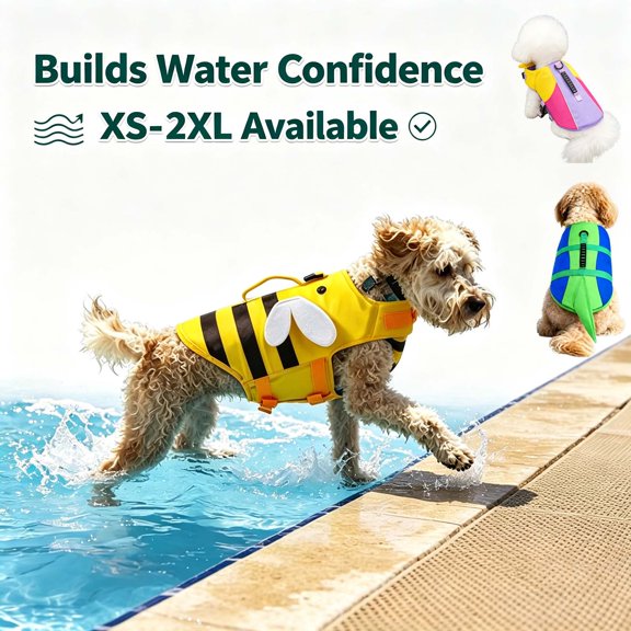 Dog Life Jacket with Handle D Ring, Bee Shape Adjustable Swimming Vest High Flotation Pet Lifesaver for Dogs, Bee Shape _ S