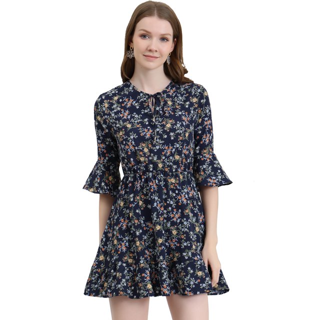 Unique Bargains Femmes Cloche Florale Manches 3/4 Cravate Cou Robes à Volants