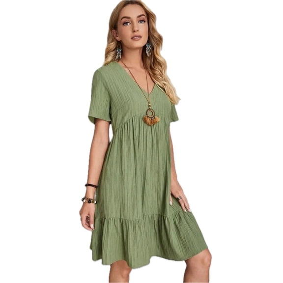 Women's V-Neck Short Sleeve Dress in 100% Polyester Fabric Desirable Full Size Everyday Style with Easy Care and Comfort