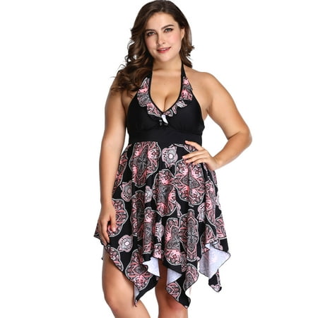 

Sexy Dance Plus Size Women Swimsuit Two Piece Swimdress With Swim Briefs Bottoms Ladies Swimwear Floral V Neck Beachwear Backless Swimming Push Up Bra Padded Tummy Control Bathing Suit