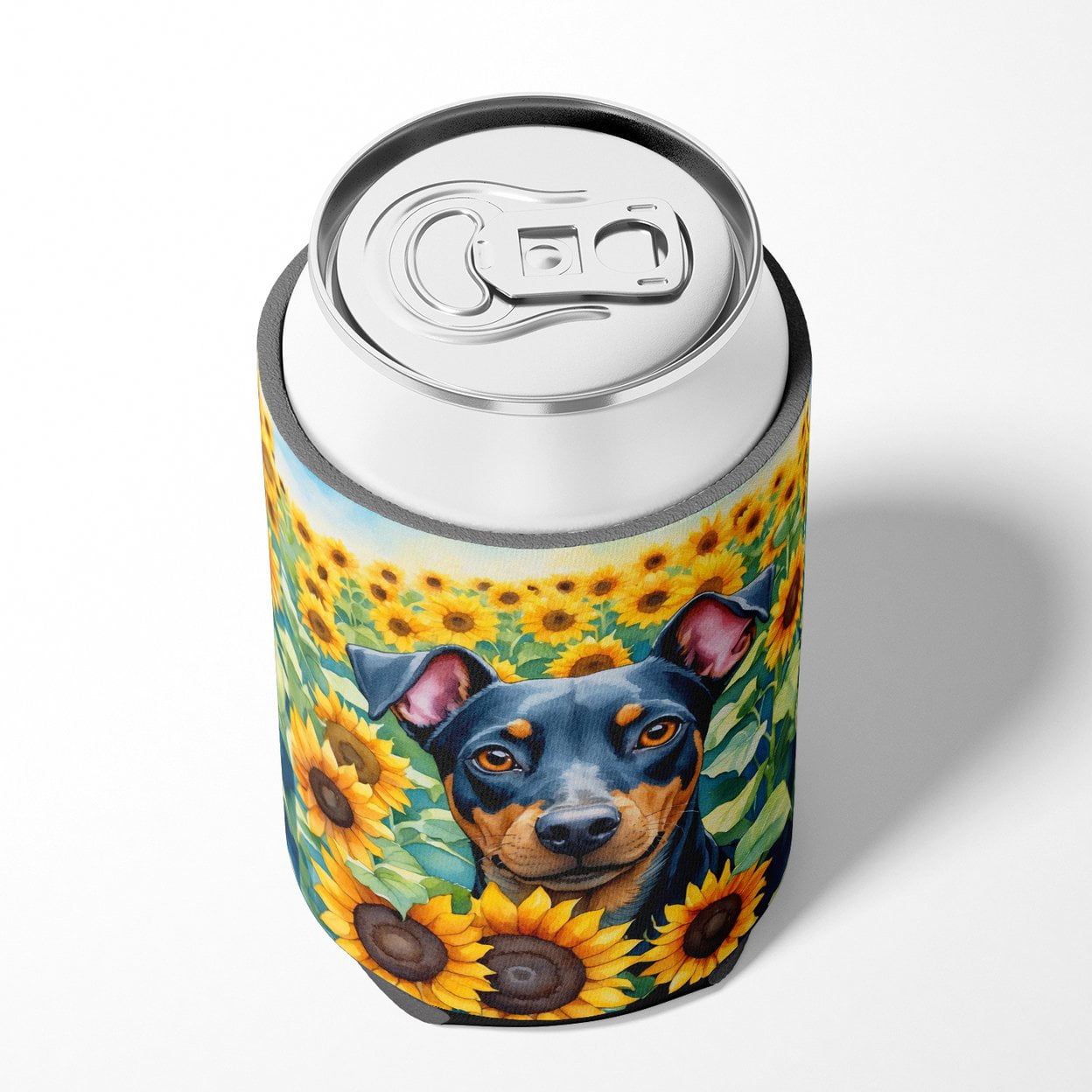 Manchester Terrier in Sunflowers Can or Bottle Hugger 3 in x 5 in