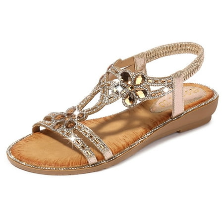 

FZM Women shoes Bohemia Summer Women Ladies Bling Flower Flat Sandals Beach Casual Shoes