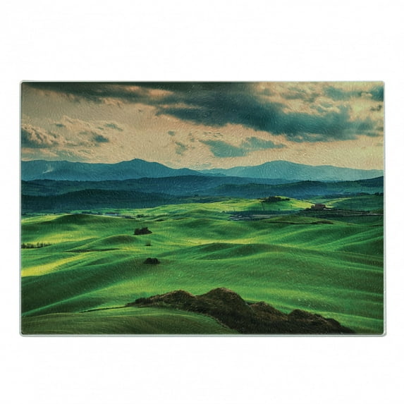 Tuscany Cutting Board, Tuscany Spring Rolling Hills on Sunset Agriculture Farmlands Volterra Italy, Decorative Tempered Glass Cutting and Serving Board, Small Size, Seafoam Green, by Ambesonne