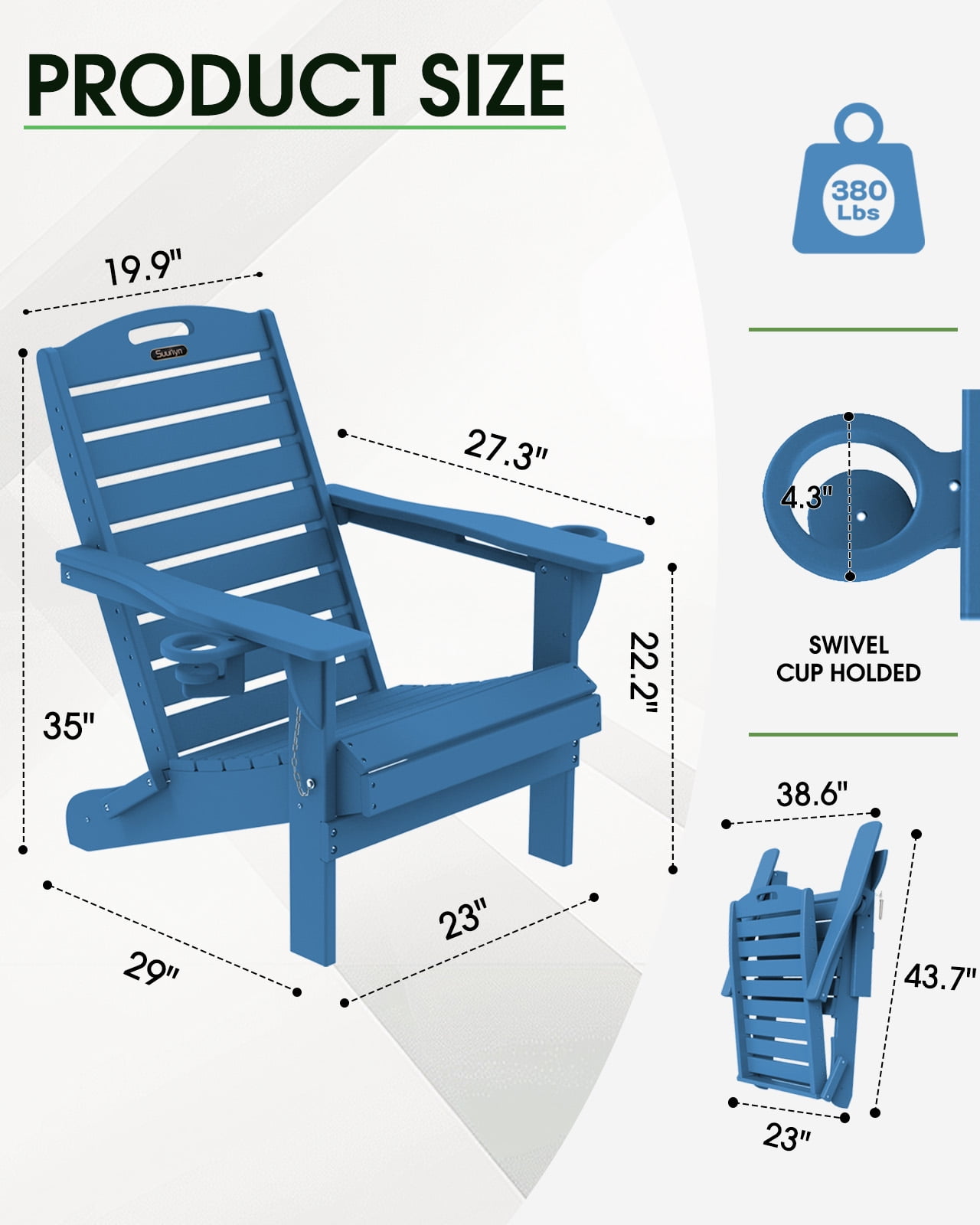 Folding Adirondack Chair Set of 2 Outdoor Fire Pit Chairs HDPE All-Weather with Cup Holder Patio Garden Navy