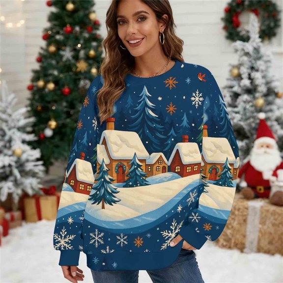 asdoklhq Christmas Long Sleeve Shirts for Womens Christmas Print Oversized Sweatshirts Fall Fashion Long Sleeve Sweatshirt White 2X