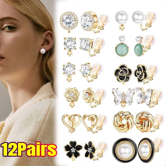 12Pairs Earrings, Comfortable Clip on Earrings for Women Sparklrd Crystal Clip Earrings CZ Cute Butterfly Pearl Clip on Stud Earrings Non Piercing