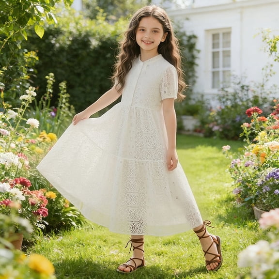 WPPGONE Girls Bohemian Embroidery Lace Dress Short Sleeve Button Front Tiered Midi Eyelet Sundress Elegant Flowy Beach Vacation Holiday Party Fashion Casual Summer Dresses