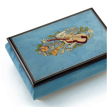 Gorgeous Handcrafted Light Blue Musical Instrument Theme Wood Inlay Music Box - My Lady Creensleeves (Creensleeves)