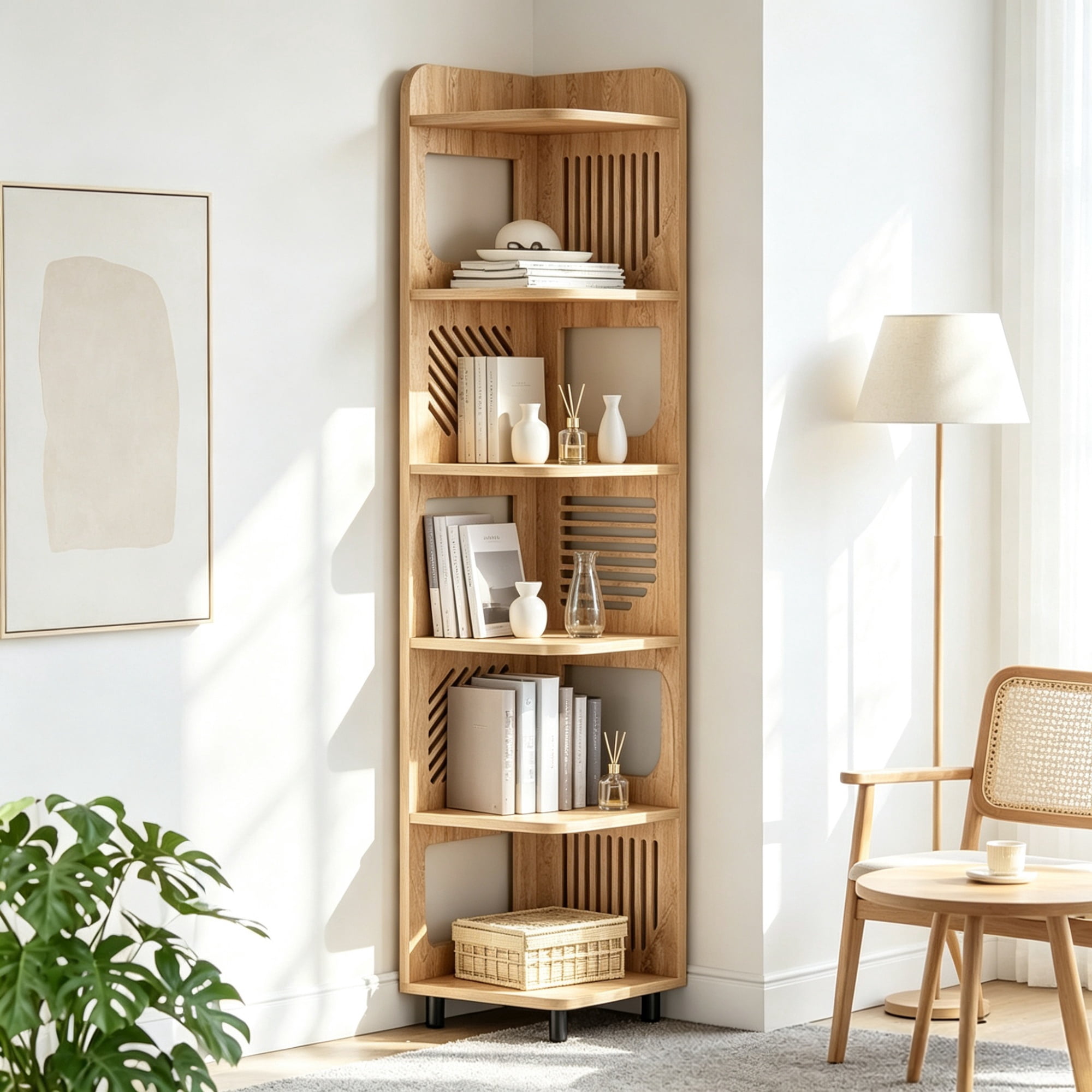 6-Tier Corner Shelf, Tall Slim Bookcase & Display Stand for Small Spaces