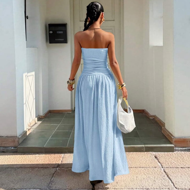 flowy travel dress Summer Dresses for Women Sleeveless Strapless Maxi Dresses Vacation Flowy  Solid Elegant Travel Dresses, S