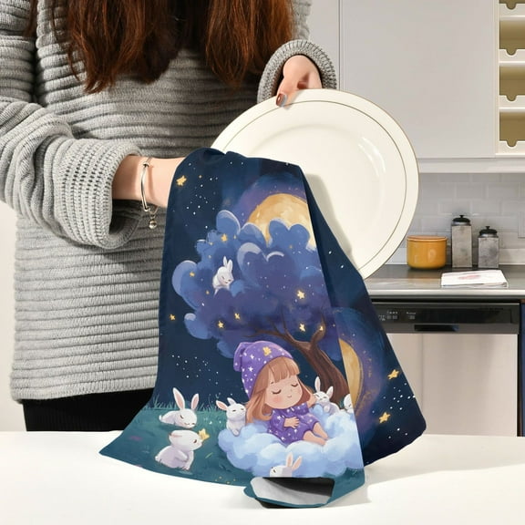 BZSMCE Kitchen Towels Creative Cute Girl and Rabbit Pattern Durable Kitchen Towel