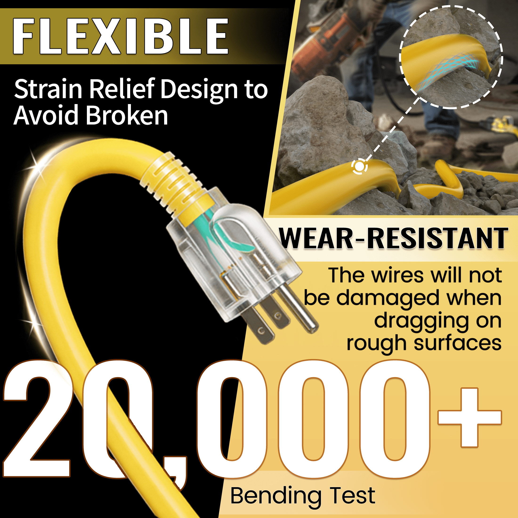ZAZFO 14/3 Gauge Yellow Outdoor Extension Cord 100 ft Waterproof with Lighted Indicator, Cold Weatherproof -40°C, Flexible 3 Prong Extension Cord Outside,15A 1875W 14AWG Sjtw, Etl Listed