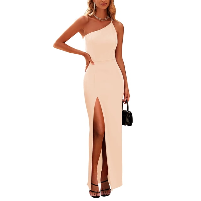 Vestido PRETTYGARDEN Maxi Beige con Hombro Descubierto y Abertura Alta XL