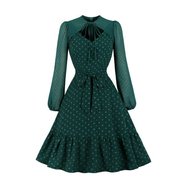 Vintage 50s Dress for Women Sheer Mesh Long Sleeve Dress y Cutout Tie Front Polka Dot Retro Hepburn Dress