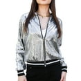 thumbnail image 1 of Veste Bomber à Paillettes à Rayures à Manches Longues avec Fermeture Éclair Frontale pour Femmes, 1 of 5