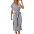 thumbnail image 1 of VISgogo Mono recortado para mujer, manga corta, cuello en V, cierre de botón, lazo en la cintura, pantalones sólidos con bolsillos VISgogo moda, 1 of 9
