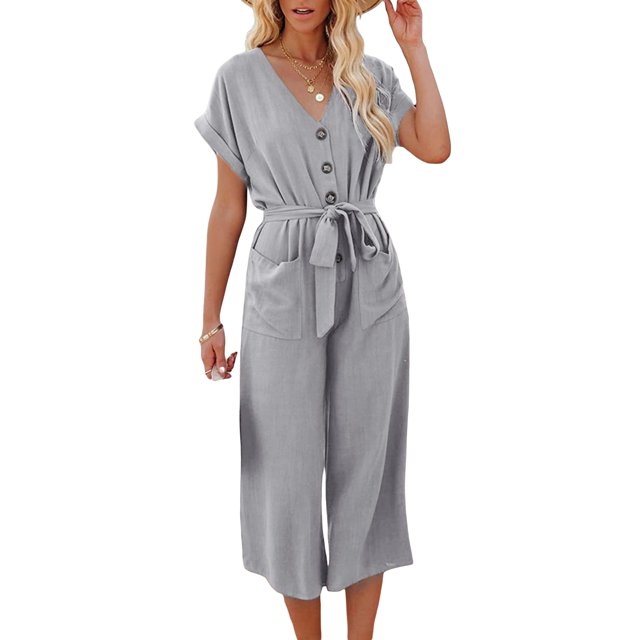 VISgogo Mono recortado para mujer, manga corta, cuello en V, cierre de botón, lazo en la cintura, pantalones sólidos con bolsillos VISgogo moda