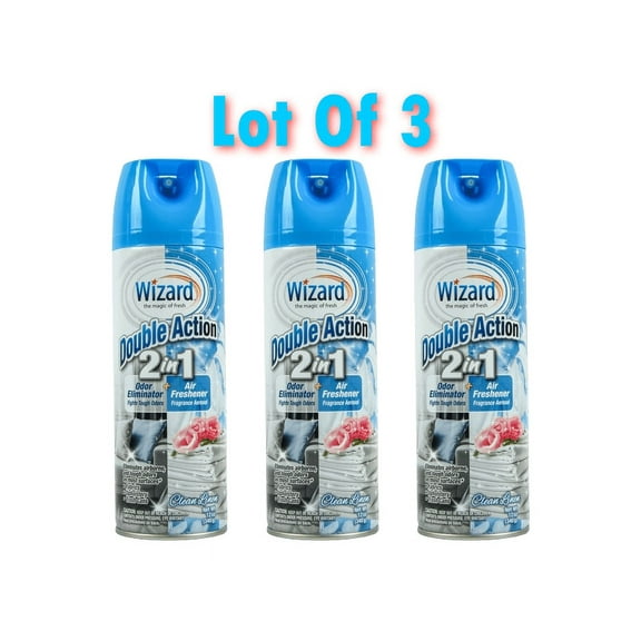3 Pack Wizard Double Action 2 in 1 Odor Eliminator and Air Freshener Clean Linen Scent 12oz