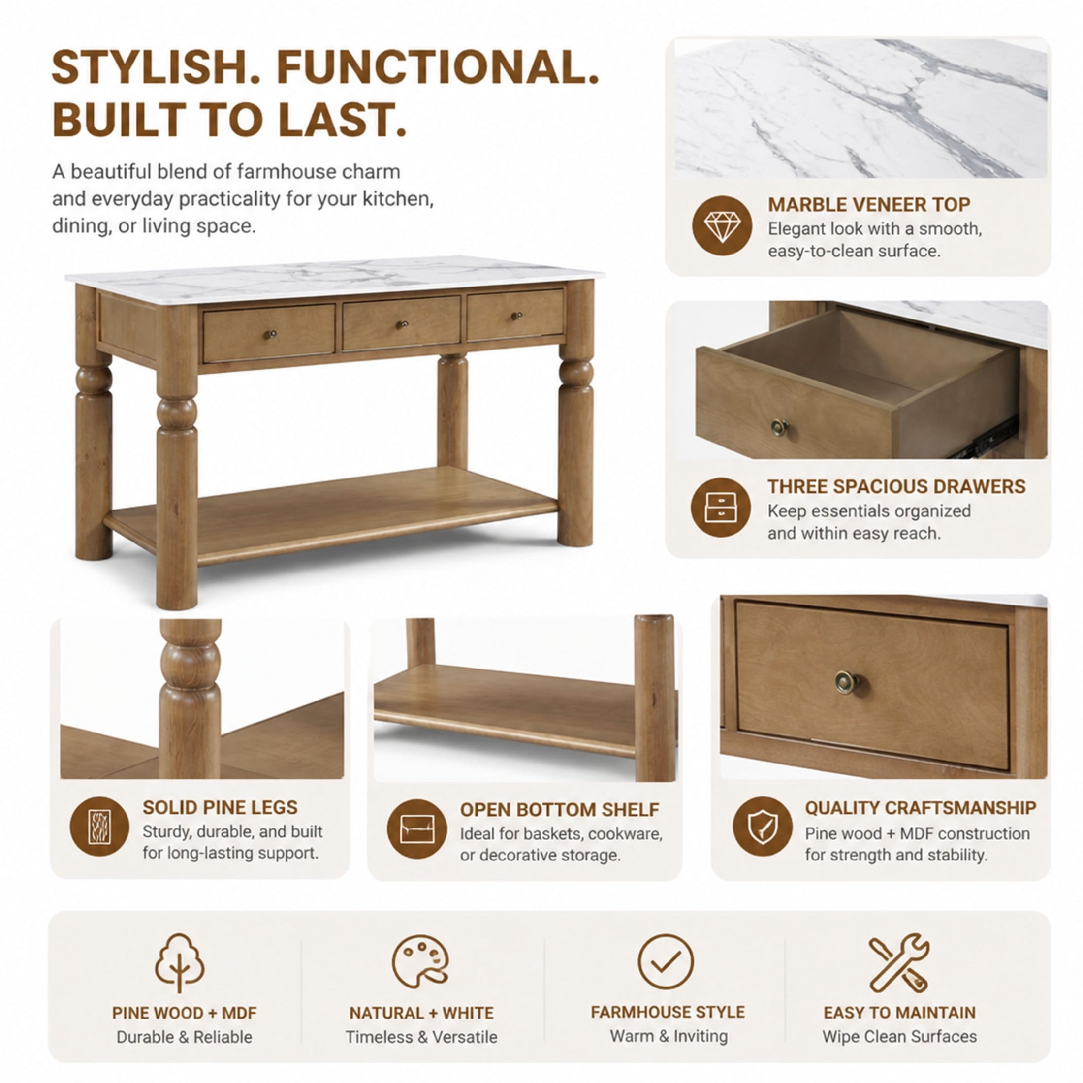 Christopher Knight Home 58" Wooden Kitchen Island, Marble-Look Top, Turned Ball Legs, Walnut+White