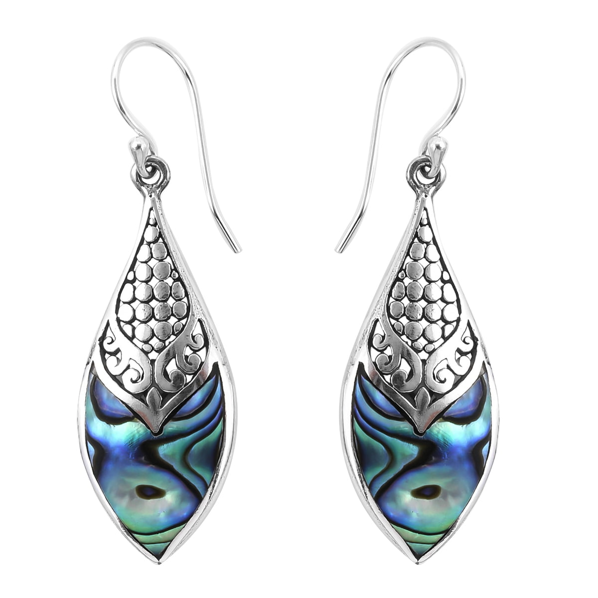 UNIQUE DESIGNER HANDMADE JEWELRY BY ARTISANS FIRE ABALONE SHELL IN 925 STERLING SILVER FINE FILIGREE ETHNIC TRIBAL FASHION DROP DANGLE BALINESE EARRING FOR WOMEN & GIRLS