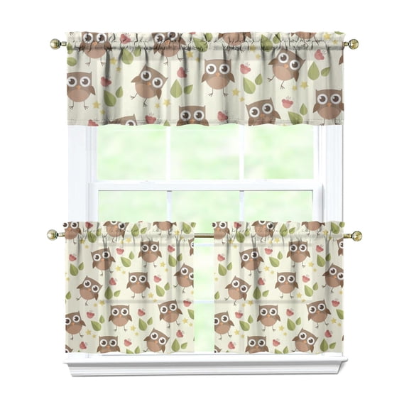 Cute Cartoon Owl Kitchen Curtains 3-Piece Set - Night Themed Tier & Valance, Rod Pocket Window Treatment Panels for Small Windows (White Semi-Sheer)