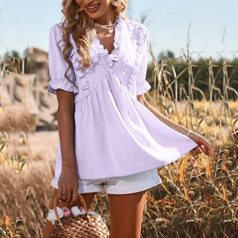 Womens V Neck Short Sleeve Top Summer Casual Flowy Boho Shirt