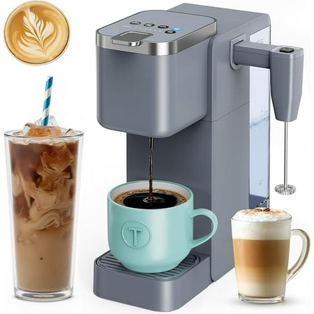 Single Serve Coffee Maker with Built-in Detachable Milk Frother, Iced and Hot Coffee Machine for K Cup & Grounds, 40oz Removable Water Reservoir, 6 Cup Sizes, Fits 7.3" Travel Mug, Black