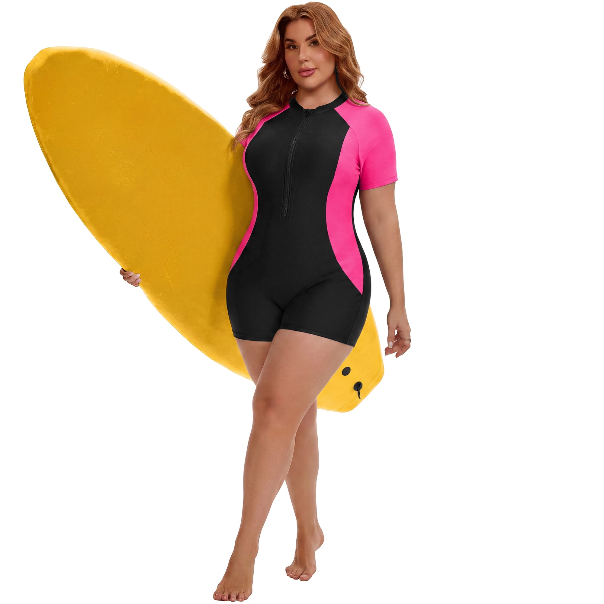 DARING DIVA Women's Plus 1 Piece Zip Front Short Sleeve Swimsuit L Black Pick