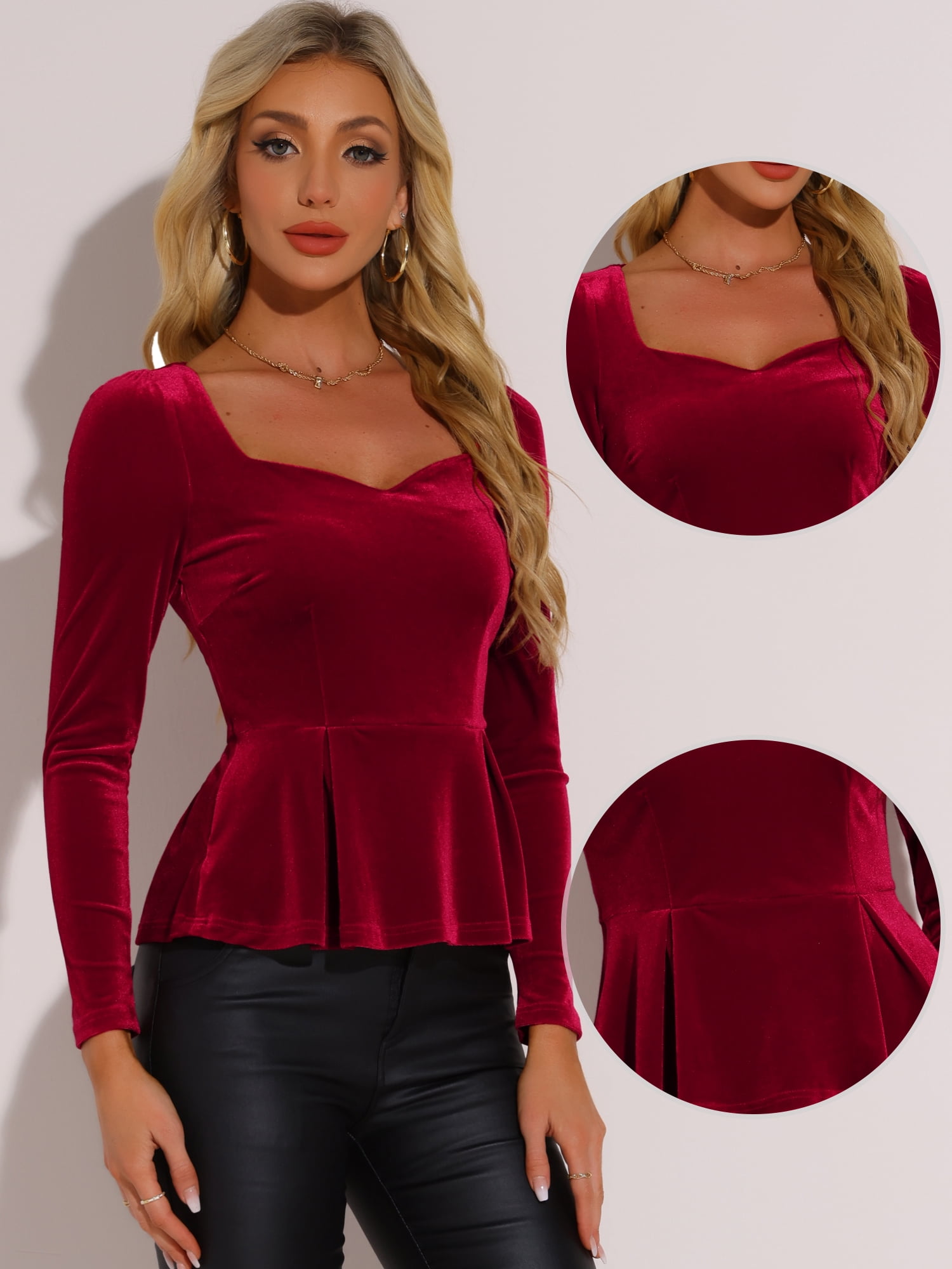 DARING DIVA Women's Elegant Sweetheart Neck Long Sleeve Peplum Top XL Red