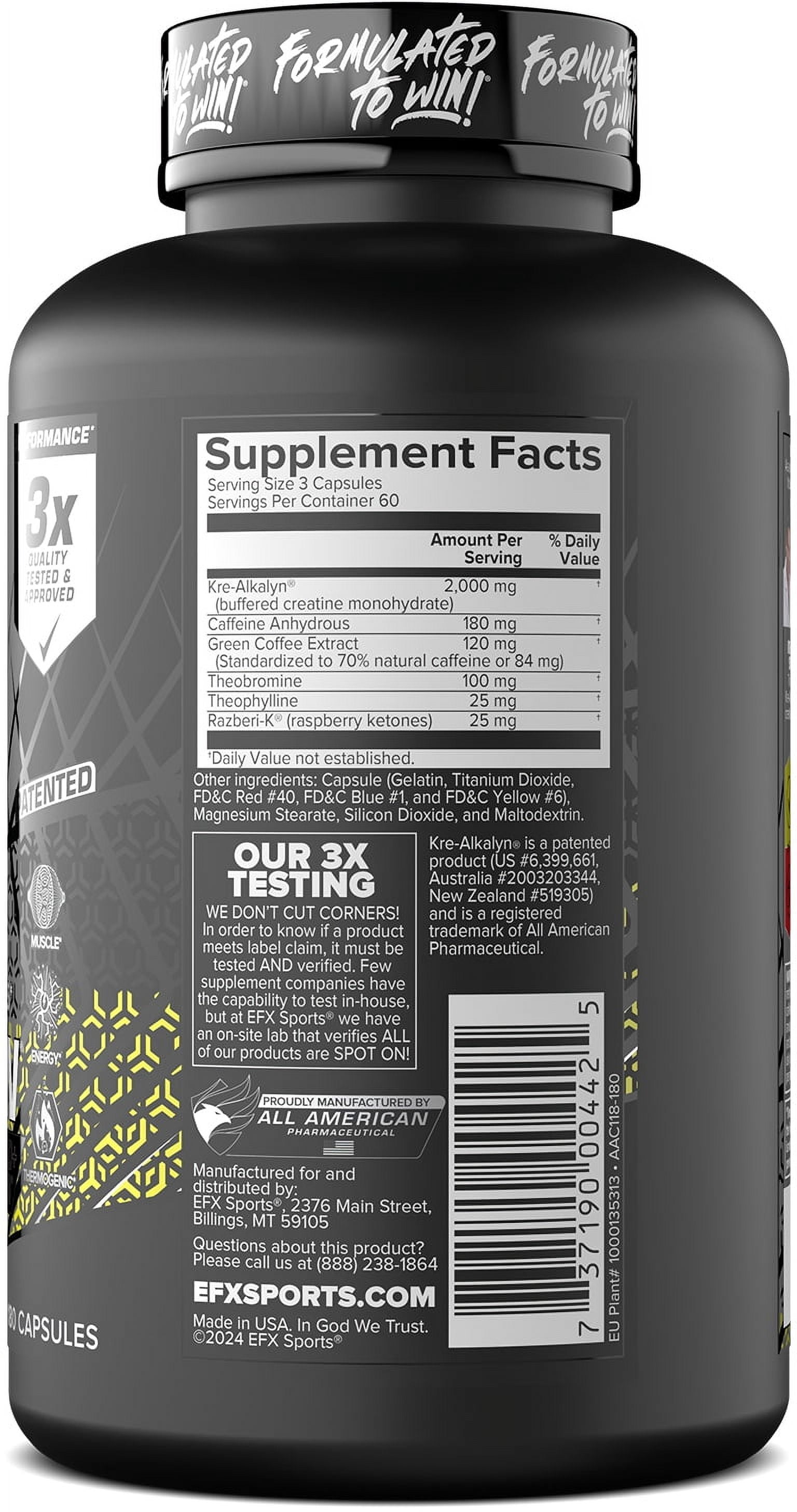 EFX Sports Kre-Alkalyn Hardcore , Thermogenic pH Correct Creatine Monohydrate Pill Supplement , Energy & Strength Pre Workout , 60 Servings, 180 Capsules 180 Count (Pack of 1)