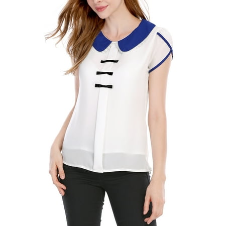 Collar Bowknot Stripe - Women's Cute Doll Collar Bowknot Decor Cap Sleeves Chiffon Blouse Shirt White (Size XS / 2) White L (US 14)