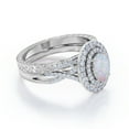 thumbnail image 3 of JeenMata Infinity Shank 1.5 Carat Egg-Shaped White Opal and Moissanite Pave Duo Halo Victorian Bridal Set in 18K White Gold Plating over Silver, 3 of 7