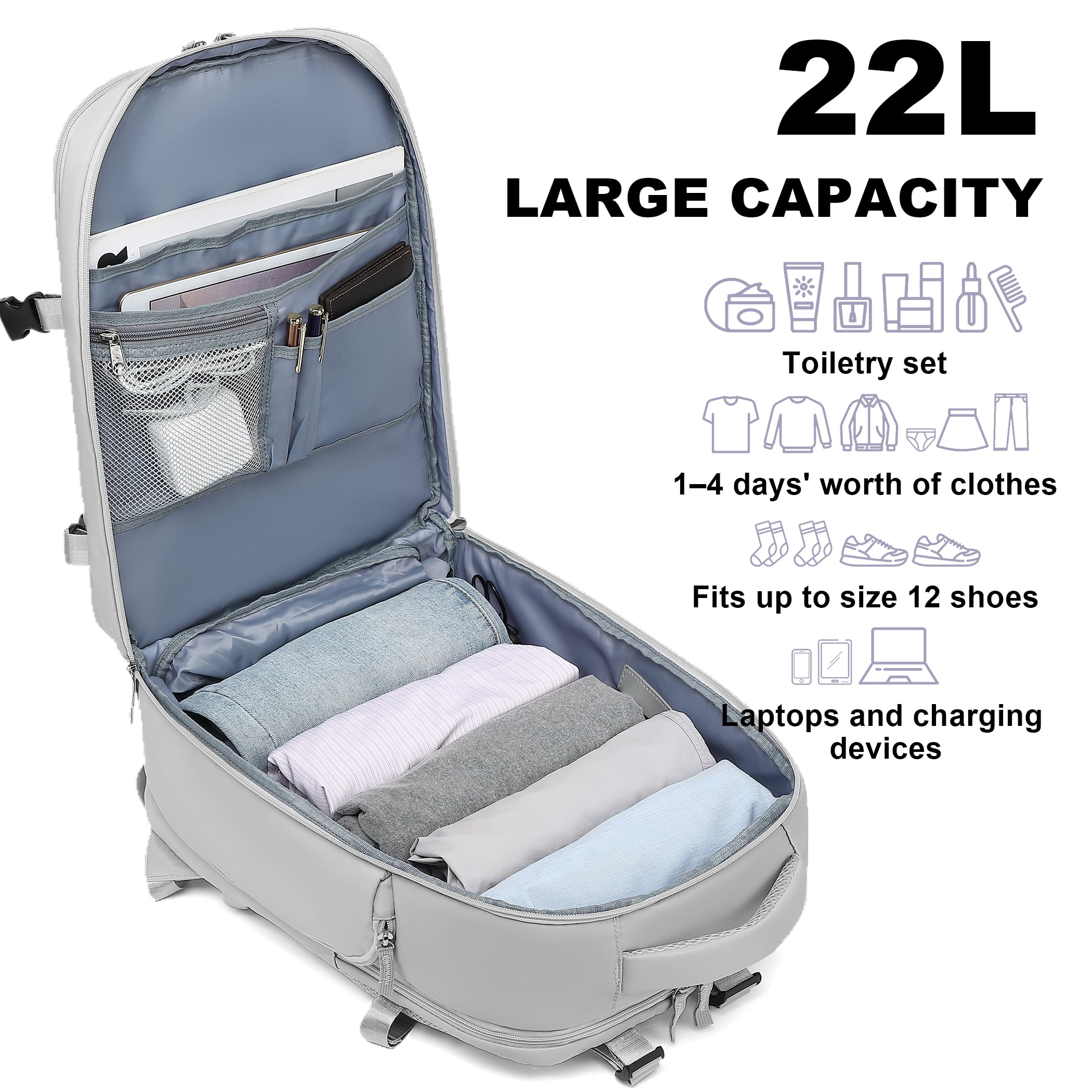 Travel Backpack for Women & Men, Carry-on Luggage Fits 15.6" Laptop , Personal Item Flight Approved Travel Bag Mochila ,Grey