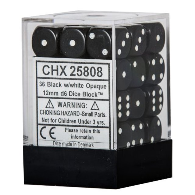 Bloque de dados negro con blanco, 12 mm D6, paquete de 36 Chessex CHX25808
