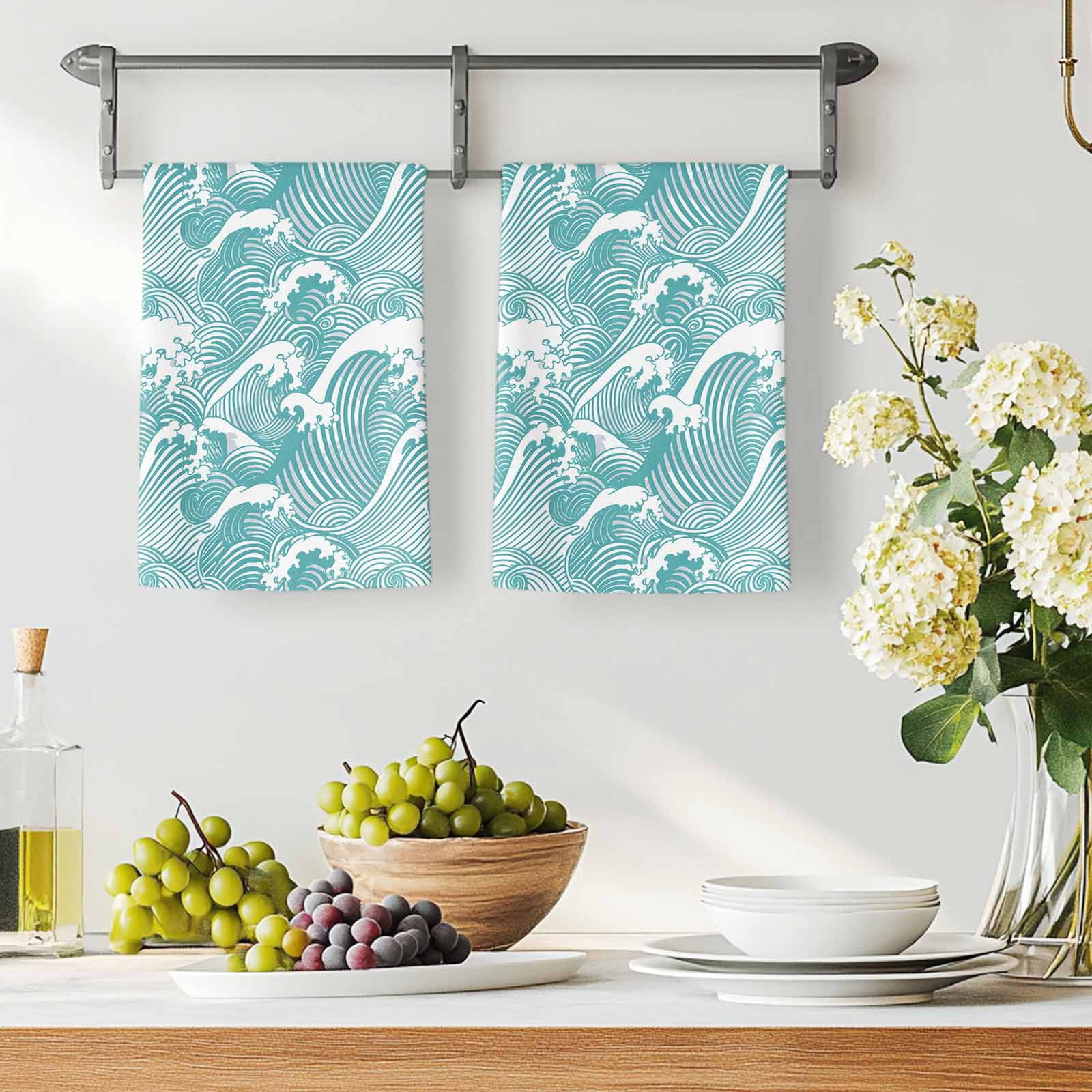Dish Towels, Turquoise Waves Absorbent Kitchen Towels 2 PCS, Ocean Lines Stripes Microfiber Hand Towels Dish Cloths Tea Towels for Home&nbsp;Bathroom Cleaning Drying,18X28-Inch,