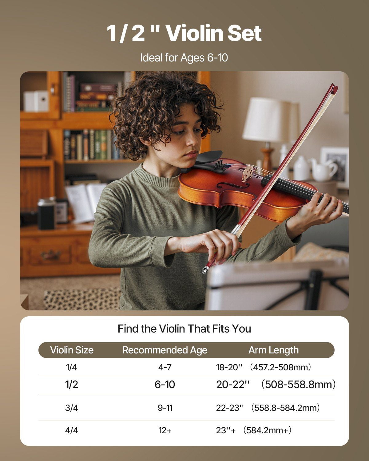 1/2 Size Violin Fiddle Set for Beginners, Solid Wood Handcrafted with Spruce Top and Maple Back, Complete Kit with Case, Bow, Rosin, Tuner, Shoulder Rest, Strings, and Accessories, Brown