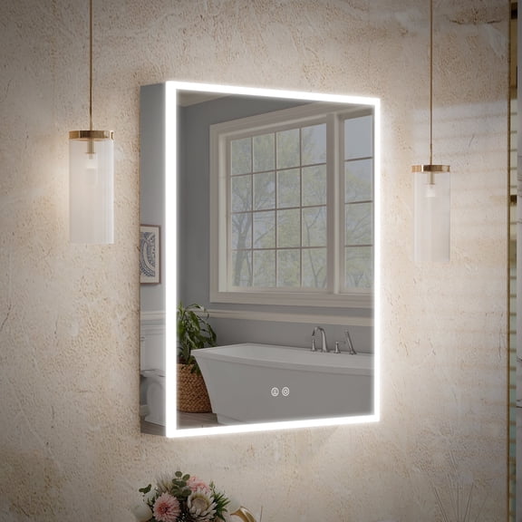 ANGELES HOME 24"x30" Medicine Cabinet with Lights, Bathroom Mirror Cabinet with 3X Magnification, Defogger, Dimmer, Outlets & USB, Medicine Cabinet Mirror with Memory Function, Left Side