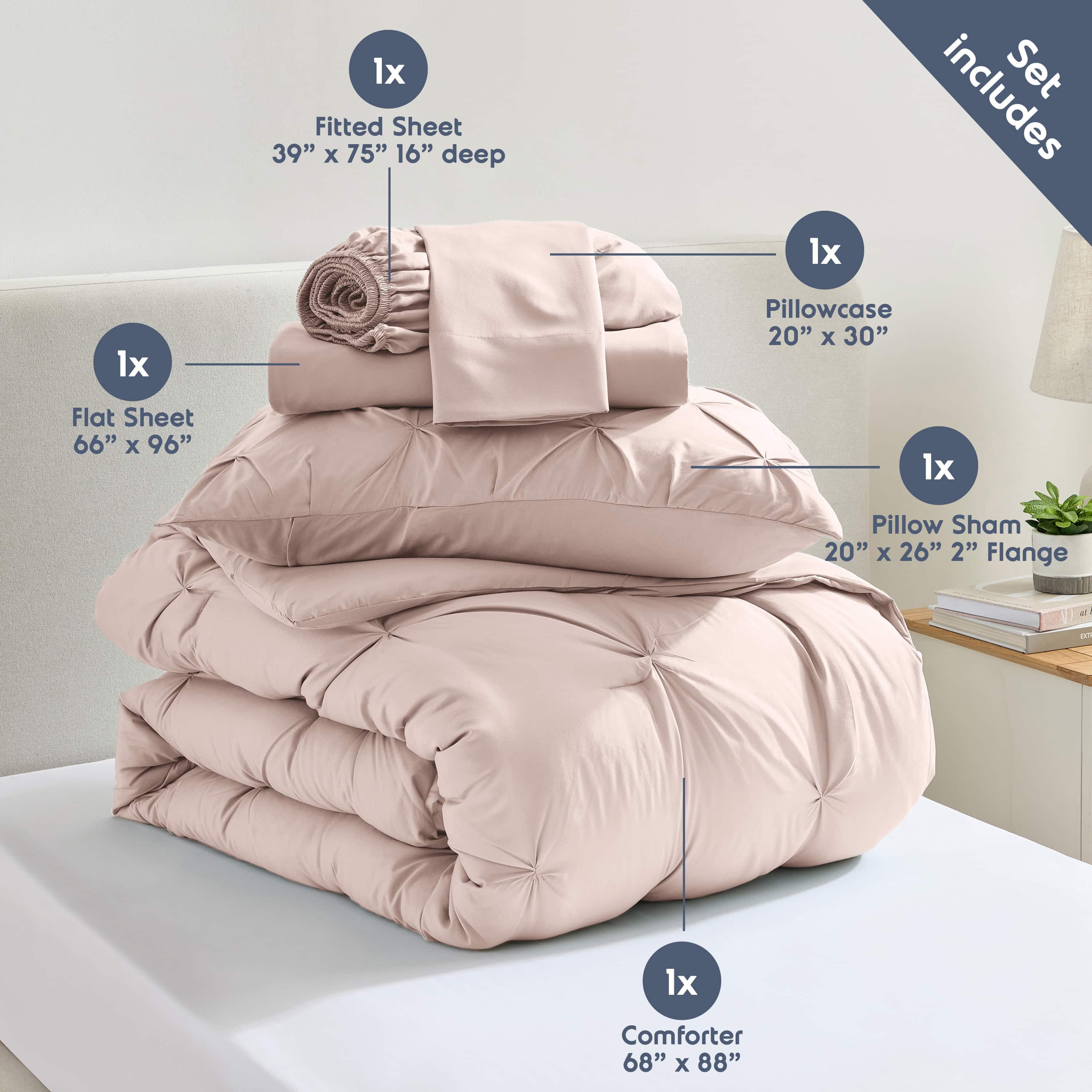 LammaLoe Twin Comforter Sets, 5 Piece Bed In A Bag Pintuck Bedding Sets, Peach Beige