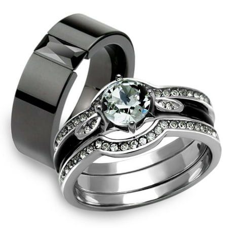 His Hers 4Pc Silver and Black Stainless Steel Wedding Engagement Ring Band Set Women's Size 10 Men's 06mm Size 10
