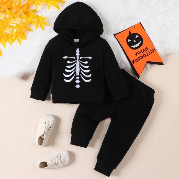 CUZIBR Boys Halloween Outfits Baby Long Sleeve Pumpkin Skeleton Hoodie Sweatshirt Top Pant Toddler Fall Winter Clothes Set,White,3-4 Years