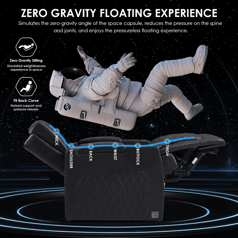 Weilianda Astronauts Reclining Sofa Electricity Recliner Zero Gravity Chair Top Grain Leather Movie Chair Gaming Sofa with Tray Table USB Charging Cup Holders,Row of 3 Black