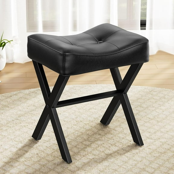 18-Inch Leather Vanity Stool Chair, Vanity Bench with Metal X-Leg, Ottoman Foot Stool with Thick Padded Saddle Seat, Black