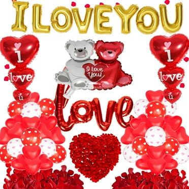 KINNO Valentines Day Balloons Decorations I Love You Balloons and Heart Balloons Kit with 1000Pcs Red Silk Rose Petals Flower Decoration Love-Bear Heart Print Balloons Banner