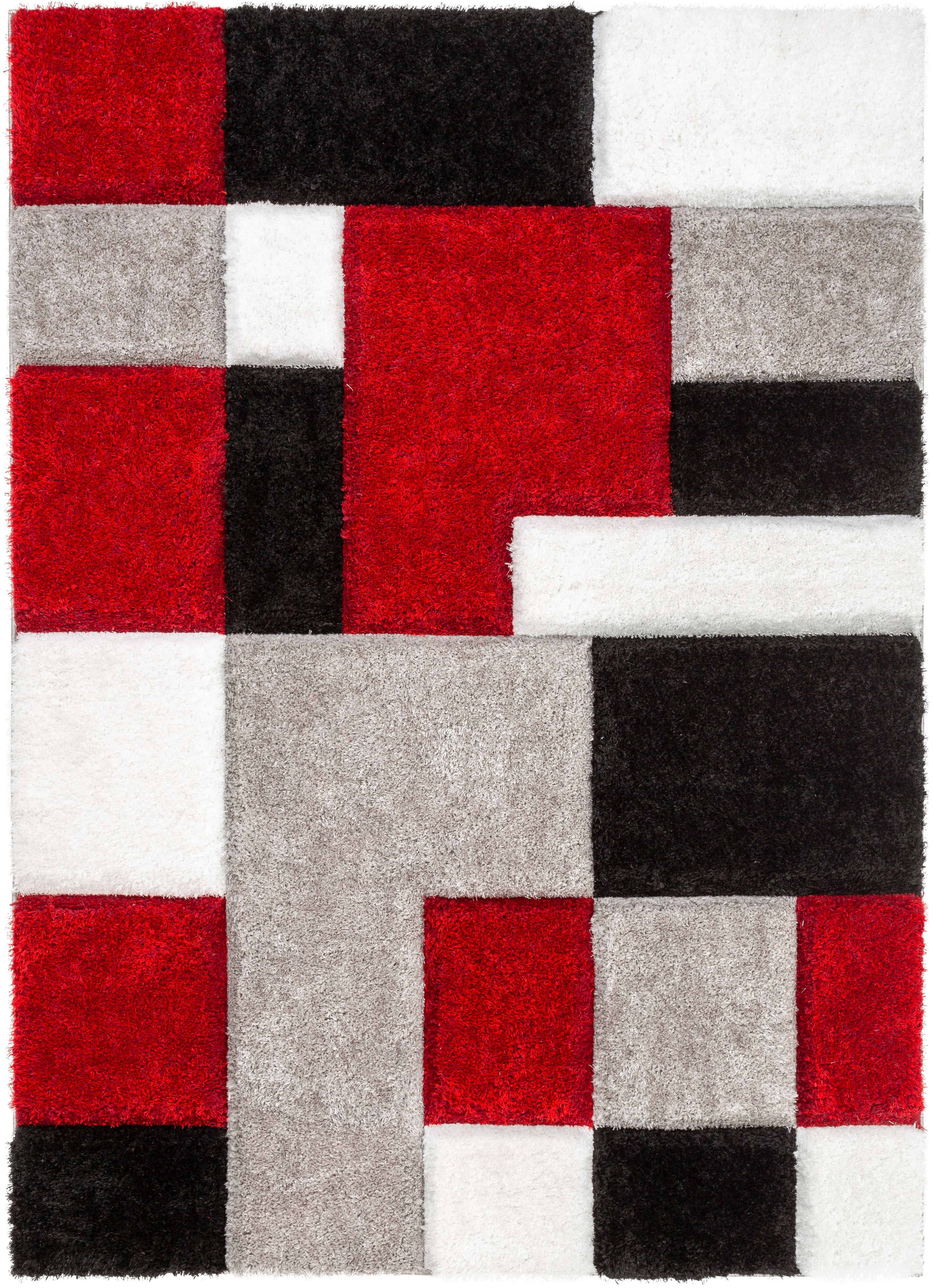 Well Woven San Francisco Escondido Red Modern Geometric Squares 5'3" x 7'3" Shag 3D Textured Area Rug