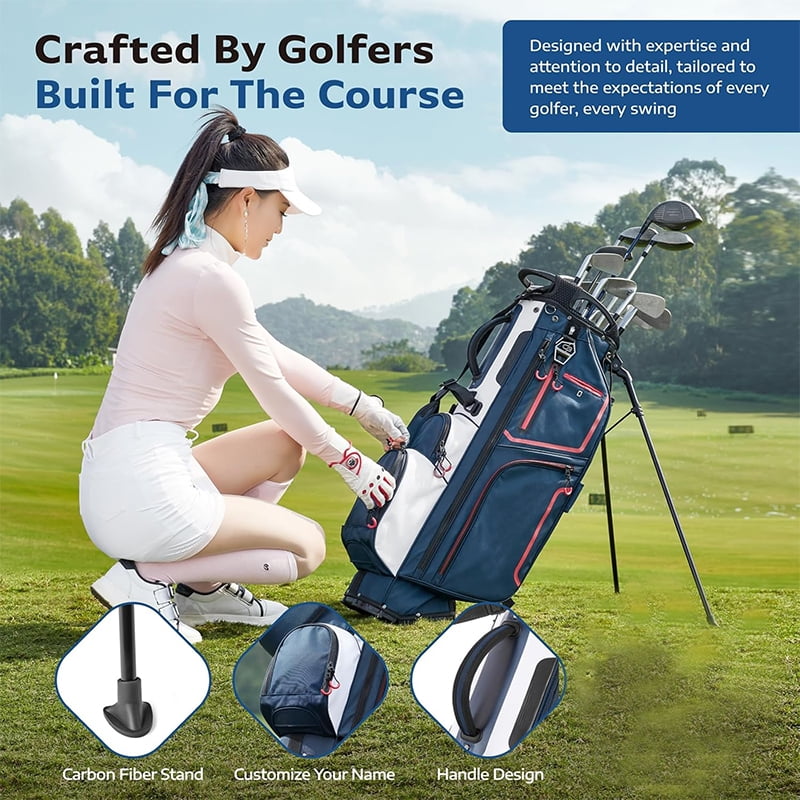 Stylish Golf Stand Bag, 14-Compartment Full-Length Stand/Cart Bag, Lightweight Design, Cross-Body Strap, Includes Rain Cover - Black/Gray/Blue