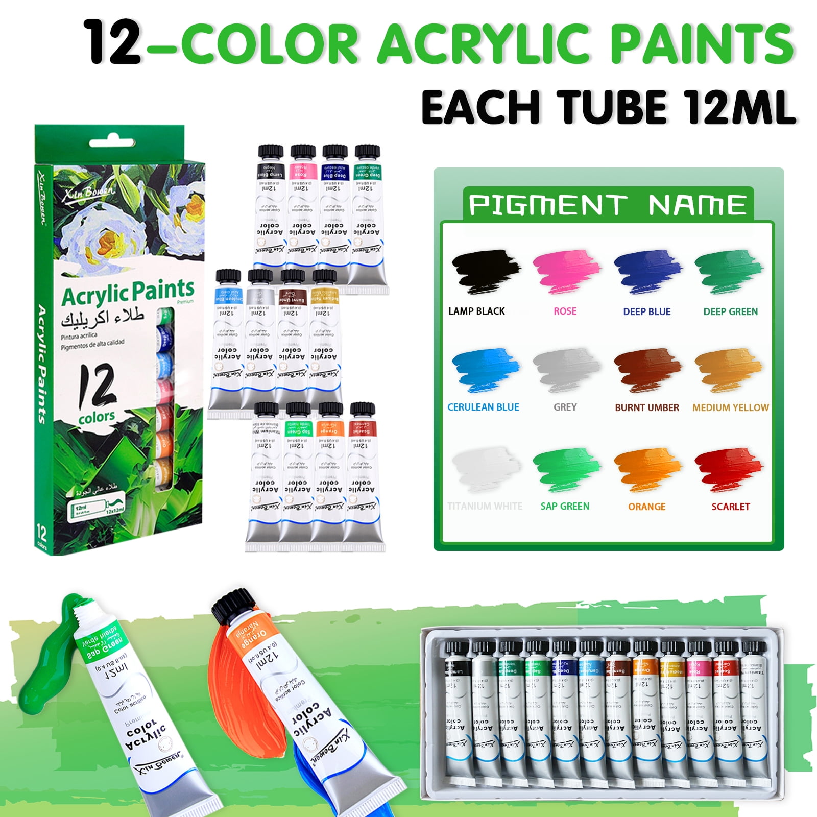 Wooden tabletop art easel box set, 12 Colors Acrylic Paint, scraper, Brushes, Palette, Complete Painting Kit for Kids, Adults, Artists