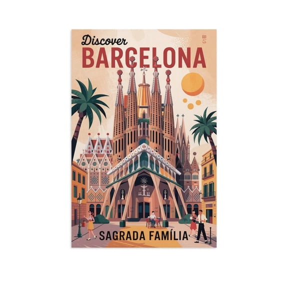 Retro Barcelona Cityscape Vintage Travel Poster of Spanish Landmarks Print Poster