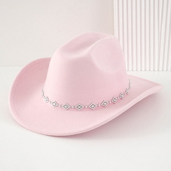 HNMKIU Stylish Western Cowboy Fedora Hat For Adults Featuring Bohemian Rhinestone And A Classic Curved Brim Pink,One Size