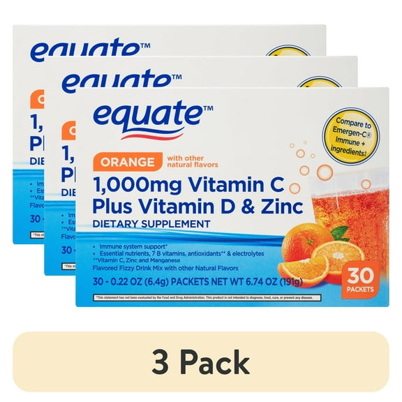 (3 pack) Equate 1000 mg Vitamin C Plus Vitamin D & Zinc Dietary Supplement Powder Packets, Orange Flavor, 30 Count, Compare to Emergen-C® Immunity   Ingredients
