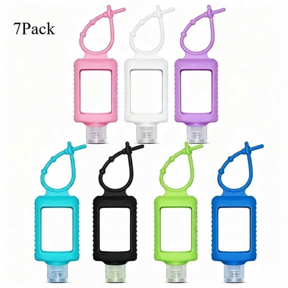 7 Pack Travel Size Bottle Holders with Silicone Sleeve, 2oz Refillable Empty Plastic Squeeze Bottles, Leakproof Flip Cap Containers, Portable Keychain Design for Backpack, Travel and Outdoor Use